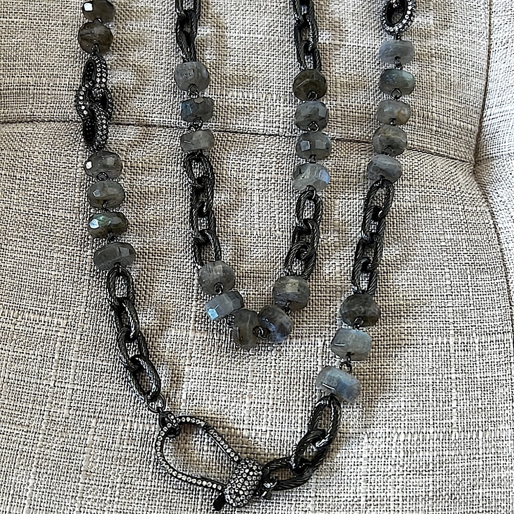 Long Link Chain Necklace w/Faceted Labradorite Stones & Crystal Lobster Clasp